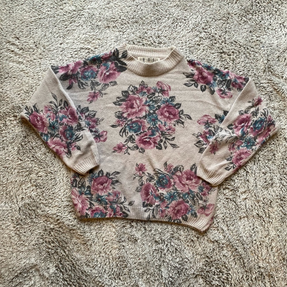 Vintage 90s Angora Silk Blend Floral Knit Sweater Coquette Cottagecore L